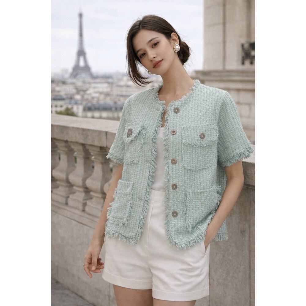 RIXO STREET Mint Tweed Wool Fringe Short Sleeve Designer Blazer Jacket Size M